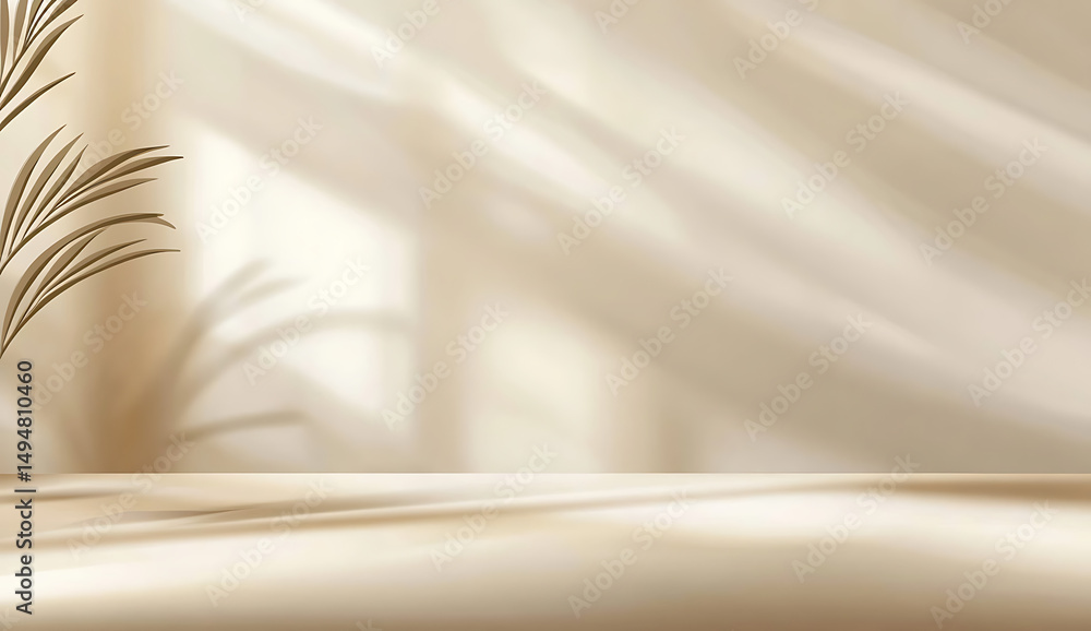Poster minimalist beige backdrop with botanical leaf shadow for product display or simple studio portrait, 