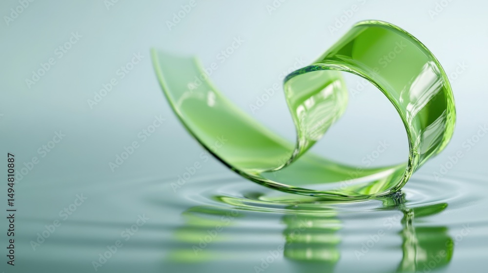 Poster light green abstract background with floating glass ribbon and rippled reflection