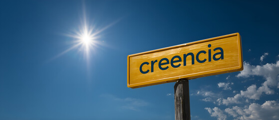 CREENCIA dorada bandera; cielo claro, azul, celeste; espacio para texto