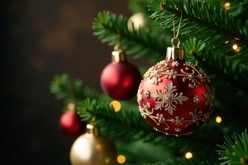 Obraz premium Ornate glass baubles gleam on a lush green Christmas tree branch , festive season, Xmas