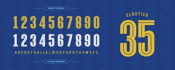 Elastico 35: Retro Number Stylish sport concept. Jersey design with custom Yellow numbers. Vector illustration in blue ornament background