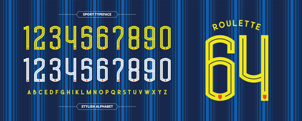 Roulette 64: Retro modern number stylish sport concept. Jersey design with custom yellow and white numbers. Vector illustration in stripes blue hues background