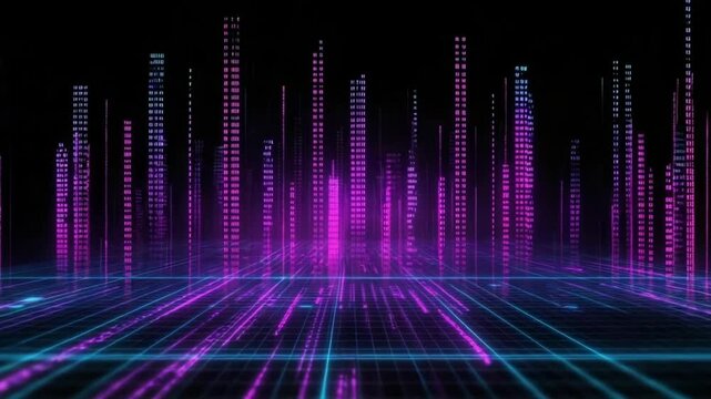Futuristic cityscape of digital data streams  Abstract representation of code and network