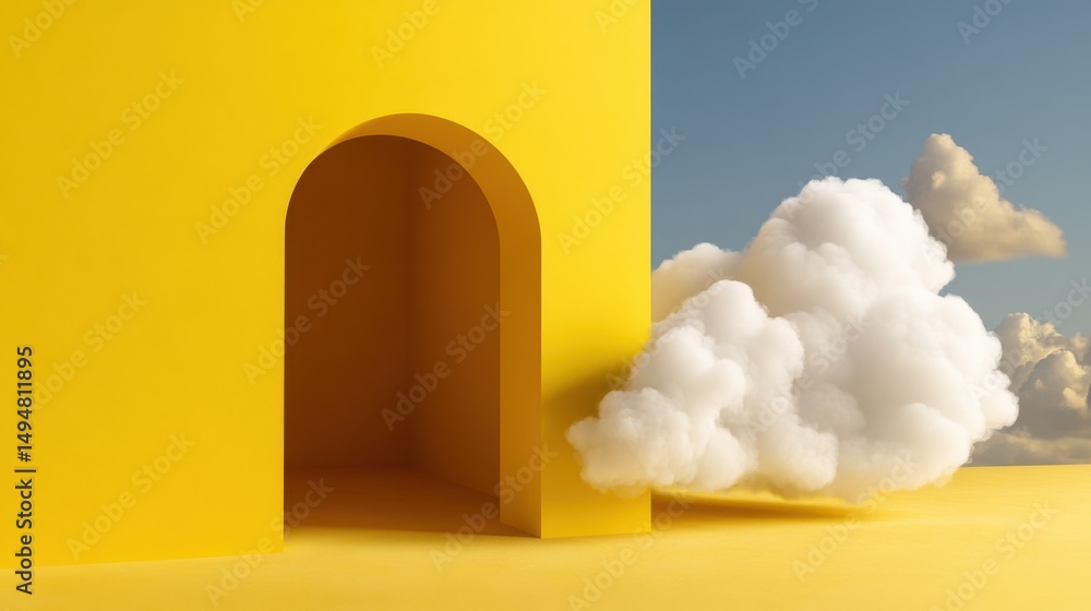 Poster minimal yellow background featuring dynamic tunnel and soft white clouds escaping