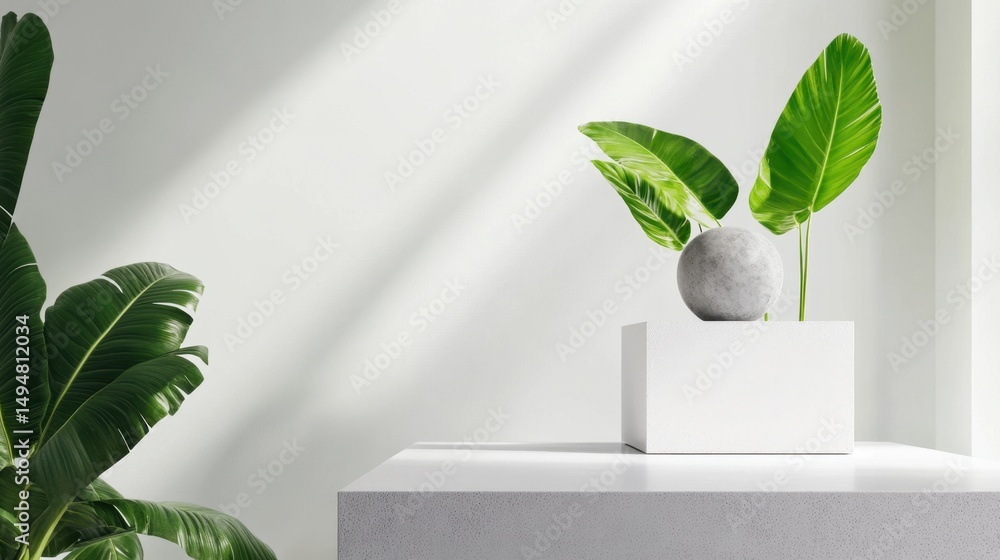 Poster minimalist display podium in a white abstract scene with structured geometric balance
