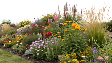 Footpath along a mixed border of flowers at Waterperry Gardens in Oxfordshire