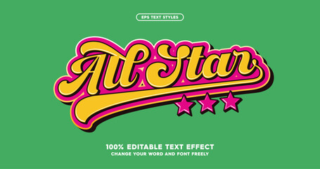 All Star: A stylish baseball-inspired font effect. Fully editable text for a dynamic and sporty look. Perfect typography with nice color combination. Vector eps format