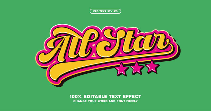 All Star: A stylish baseball-inspired font effect. Fully editable text for a dynamic and sporty look. Perfect typography with nice color combination. Vector eps format