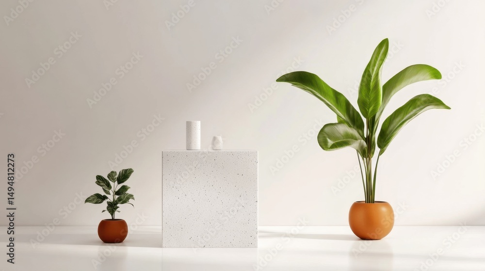 Poster minimalist white background with geometric shapes and a central podium for product display