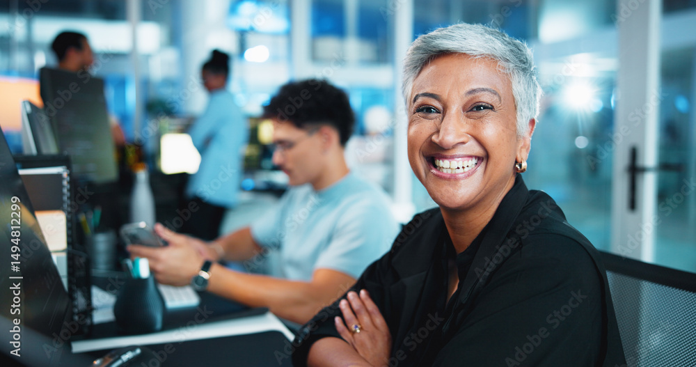 Poster Office, happy woman and portrait with computer for programming, web development and pride. Career, night and mature programmer with digital for coding, software update and arms crossed for business