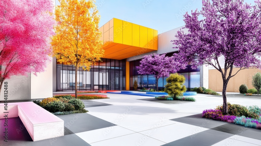 Aufkleber modern building drawing infused with colorful trees and expressive background