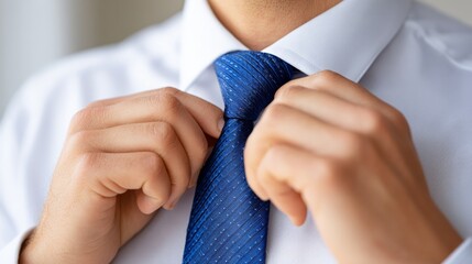 Close-up of Hands Tying a Blue Necktie on a White Dress Shirt with Precision and Attention to Detail