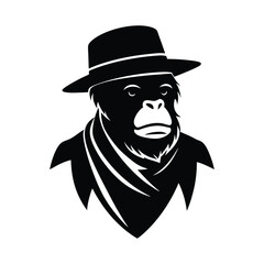 Silhouette of an Orangutan Head with Fedora & scarf on white background