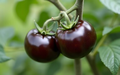 Black tomatoes on a branch in the garden. Indigo rose tomato. High quality