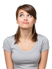 Fototapeta premium A woman with her head tilted slightly, exuding curiosity, medium closeup, isolate on white background
