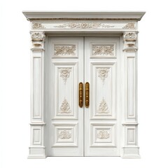 Fototapeta premium Elegant White Double Doors with Intricate Carving and Gold Accents Luxurious Entrance Design
