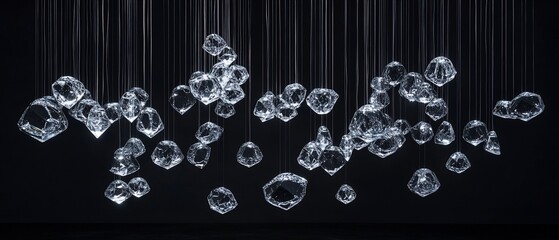 Crystalline forms suspended, shimmering against a dark backdrop.  A captivating display of light and texture