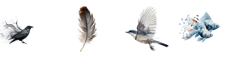 Fototapeta premium A striking visual contrast between the delicate dynamic forms of bird feathers and the serene minimalist beauty of abstract icy rock formations