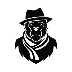 Silhouette of an Orangutan Head with Fedora & scarf on white background