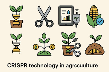 Agriculture and crispr linear icons set – farming, genetic editing, biotechnology tools