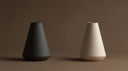 Two minimalist tapered vases, one black, one beige, on a brown background