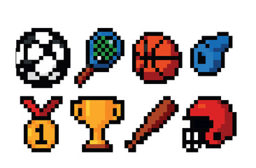 Sports and recreation icons set – pixel art, vibrant, athletic symbols