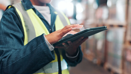 Hands, tablet and logistics scroll at warehouse, shipping schedule or delivery report for inventory management. Person, freight or supply chain with digital checklist, tech and stocktaking at plant