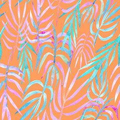 Watercolor colorful tropical seamless palm leaf pattern on orange background
