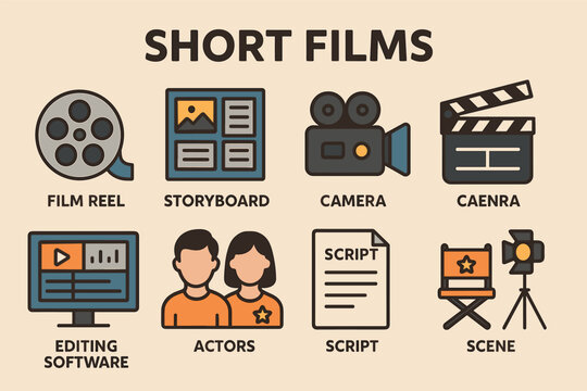 Short films silhouette icons set – flat, filled, storyboard and filmmaking graphics