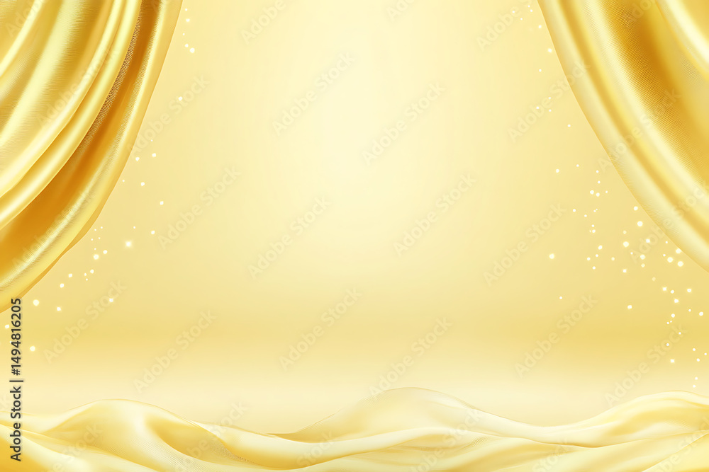 Poster elegant gold fabric drapes over soft hills with sparkling light effect, creating a luxurious backgro