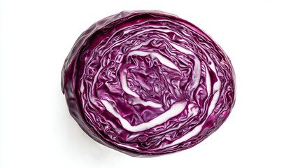 Obraz premium Close up of a halved red cabbage showing its layered structure on a plain white background studio shot
