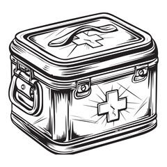 Black and white vector outline of an old first aid box, coloring page style