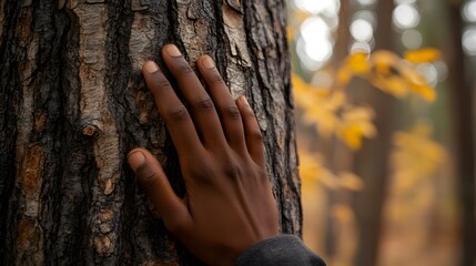 Close-up of a hand touching a rough tree trunk in autumn.