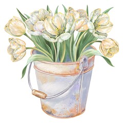 Watercolor rustic metal rusty bucket filled with white and yellow garden tulips isolated on white perfect for spring floral decor countryside design vintage gardening scenes and seasonal illustrations
