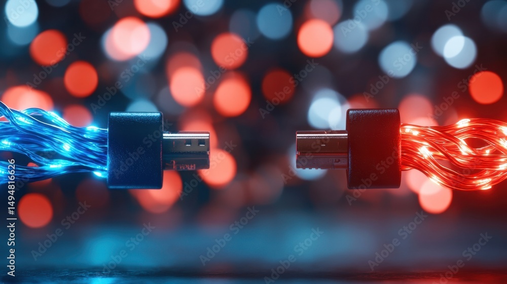 Poster red and blue luminous wires running side by side in cyber-style tech grid