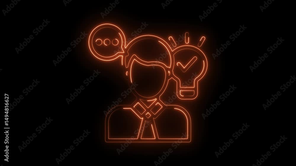Poster illuminated neon man with speech bubble symbol and checkmark idea lightbulb