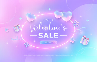 Modern pastel Valentine’s day background with love heart, star, gift and gradient background. Promotion and shopping template for love and valentine’s day concept.