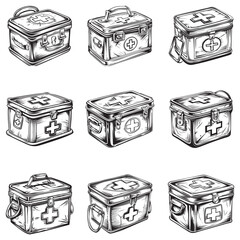 Black and white vector outline of an old first aid box, coloring page style