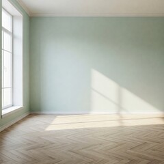 Serene Empty Room with Pale Green Walls and Herringbone Wood Floor Bathed in Soft Window Light for Interior Design and Real Estate Concepts