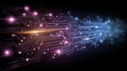 Abstract futuristic technology concept featuring glowing blue and purple circuit patterns with neon lights on a dark background