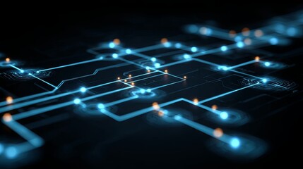 Abstract futuristic technology concept featuring glowing blue and purple circuit patterns with neon lights on a dark background