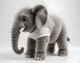 A cute grey plush elephant wearing a white t-shirt stands on a soft white background.