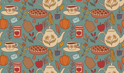 seamless pattern, Cozy Autumn Tea Set with Leaves, boho, mid century modern, cottagecore	
