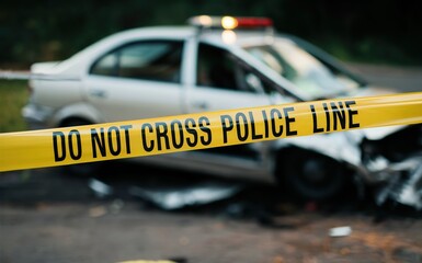 Car with a police line in front of it, depicting a crime scene or accident for news articles, blog posts, or graphic design projects.