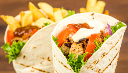 The taco is folded tightly and grilled, leaving distinct grill marks on the tortilla, set against a warm, rustic background.