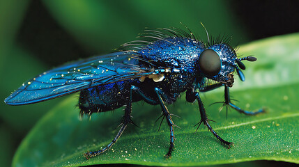Fototapeta premium Stunning closeup of an iridescent blue fly perched on a vibrant green leaf.