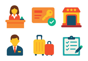 Hotel service flat icons set – hospitality, accommodation, travel symbols