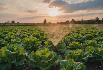 Lush lettuce field being irrigated at sunset, showcasing agricultural beauty