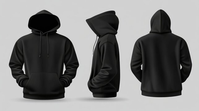 Three views of a plain black hooded sweatshirt with a kangaroo pocket