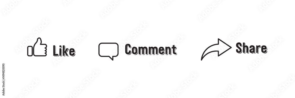 Poster like, share and comment icons buttons set with black color. like icon button, thumb up, comment, rep